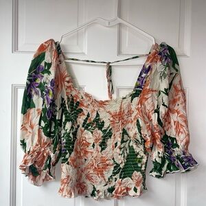 H&M Floral Smocked Blouse - Orange, Green, Purple